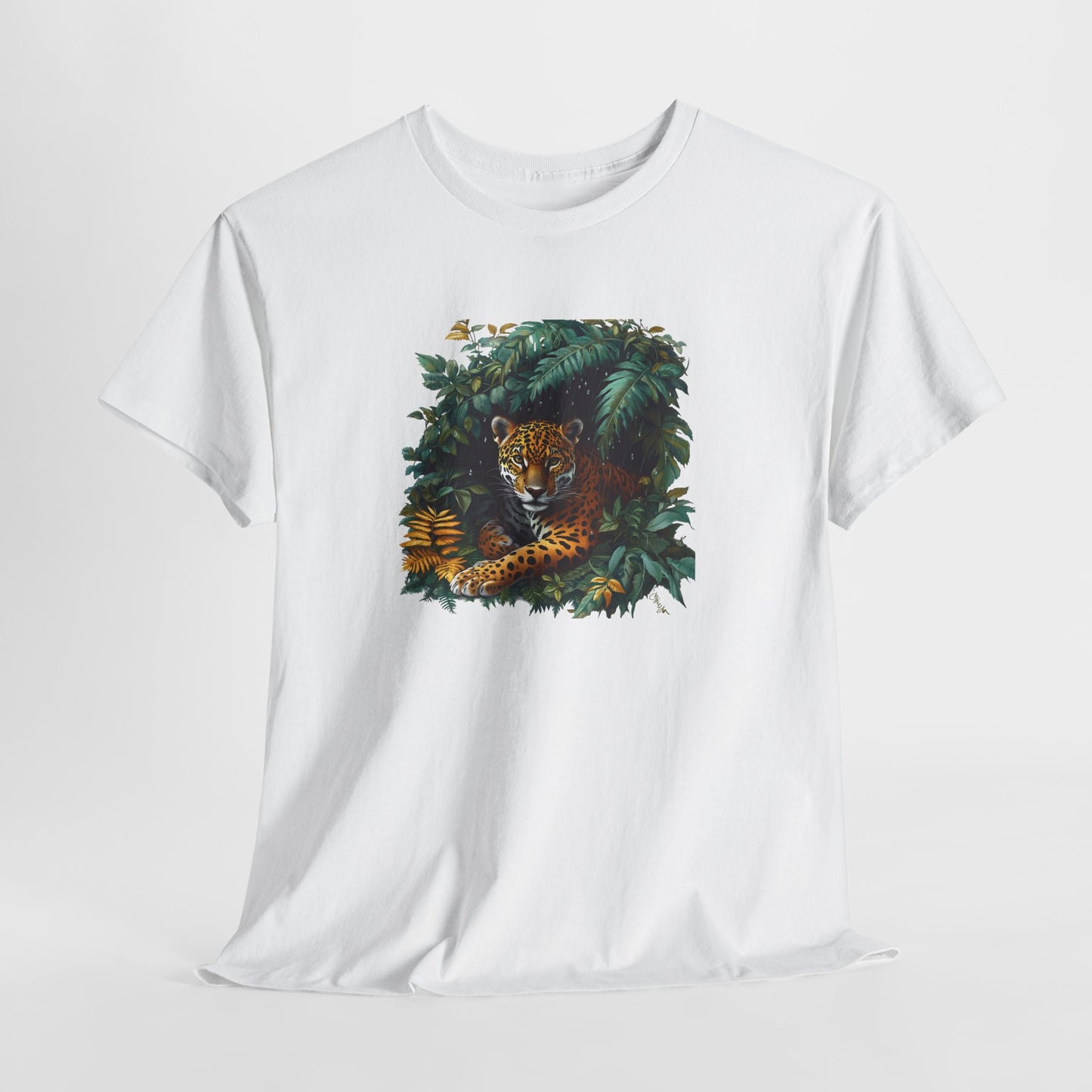 Tee Shirt Jaguar Jungle Tropicale – Félin Sauvage Feuillage Exotique – T-shirt Animal Nature Blanc Gris Noir
