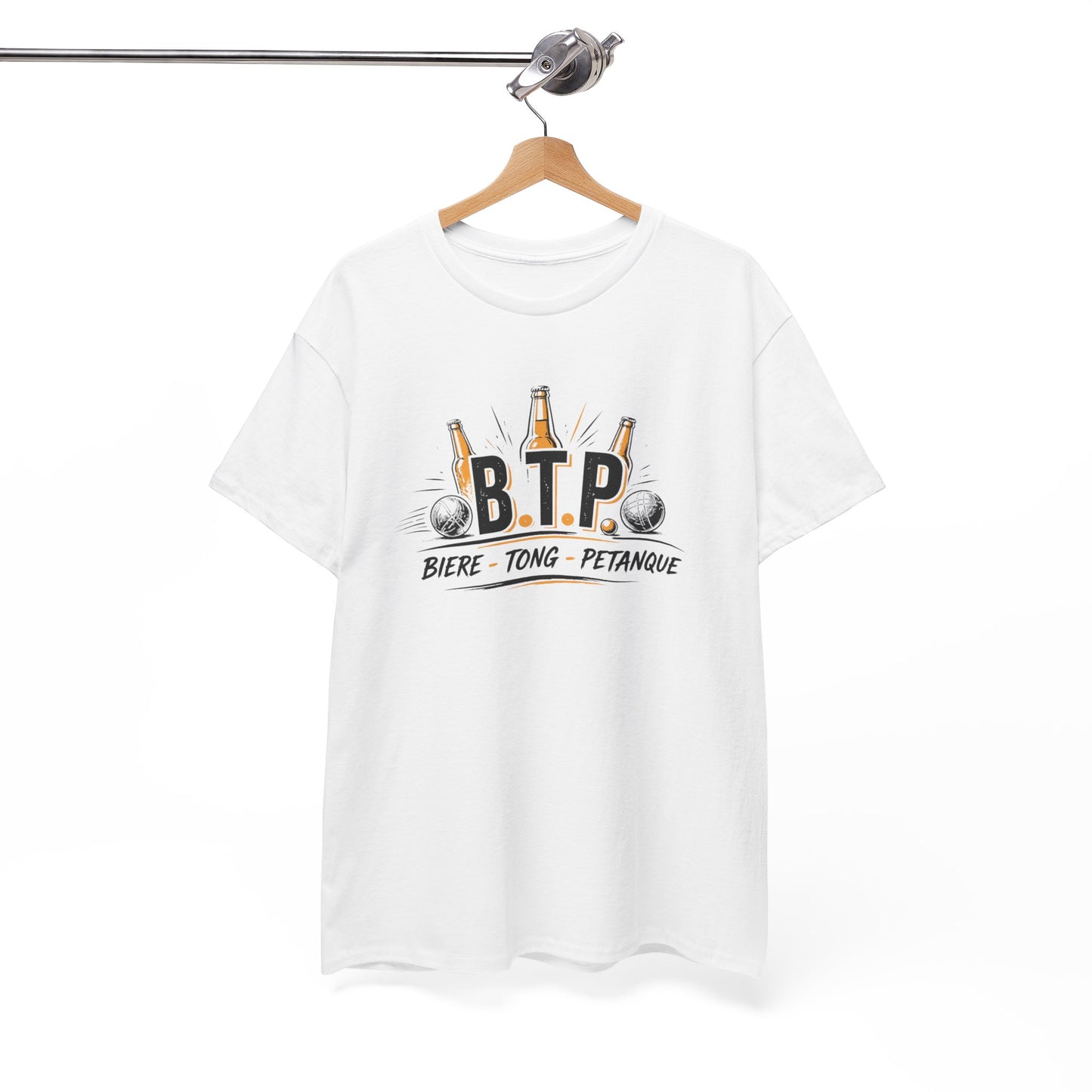 T-Shirt BTP Bière Tong Pétanque Homme Femme – Tee Shirt Humour Apéro Pétanque – Cadeau Été Vacances Noir Blanc Gris
