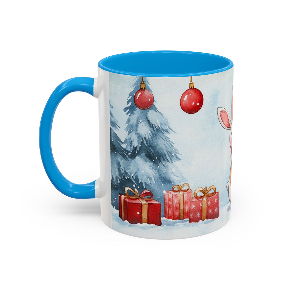 Mug Lapin de Noël avec Cadeaux – Tasse Hiver Sapins Enneigés Style Aquarelle – Cadeau de Noël Homme Femme noir bleu rouge