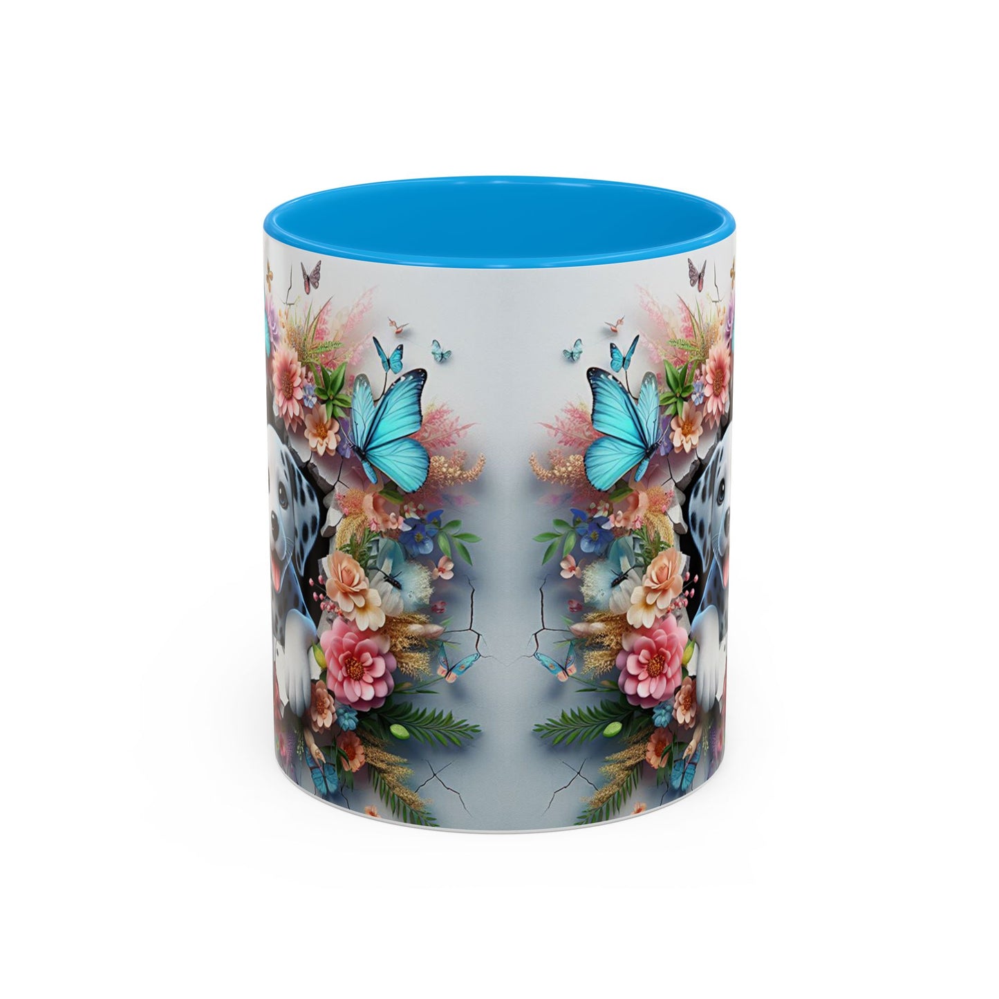 Mug Dalmatien Kawaii – Tasse Chiot Dalmatien avec Fleurs Pastel et Papillons Bleus – Cadeau Amoureux des Chiens 325ml