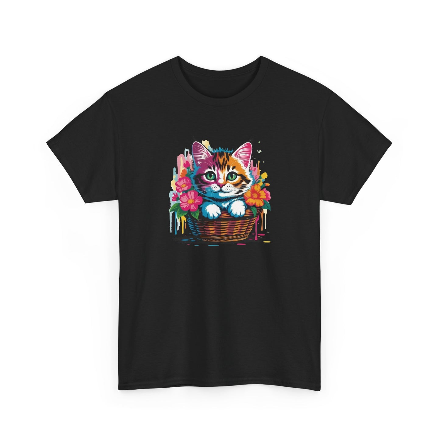 T-Shirt Chaton Mignon Adulte – Chat avec Fleurs Colorées – Tee Shirt Animal Cute Panier Noir Blanc Gris Cadeau