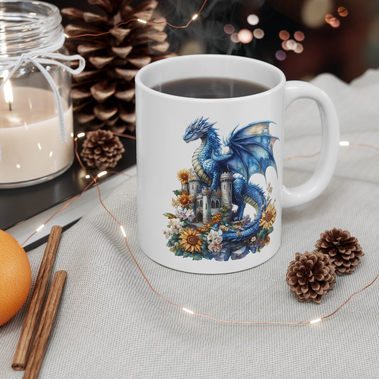 Mug Dragon Bleu et Château – Tasse Fantasy Médiévale et Féerique – Cadeau Magique Céramique 325ml