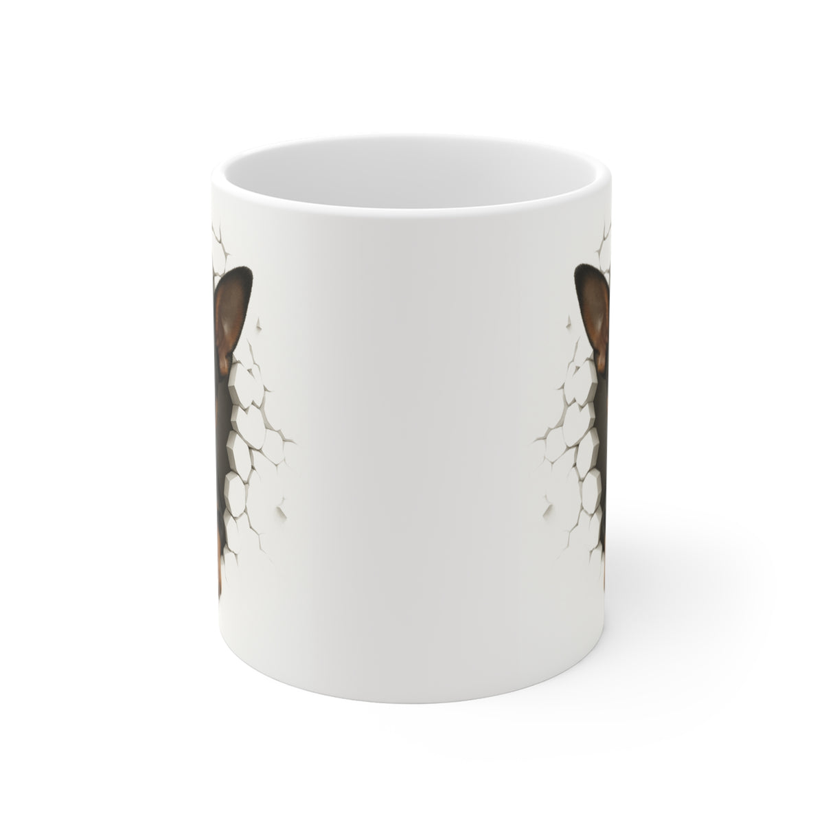 Mug Pinscher Nain Noir et Feu Effet Mur Cassé – Tasse Chien 3D Trompe-l’œil – Cadeau Original Amoureux du Pinscher