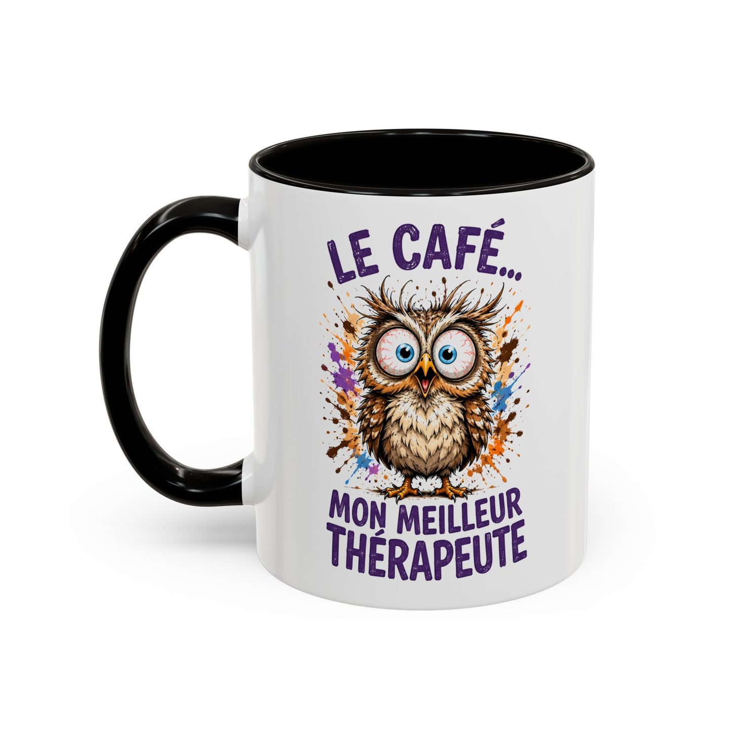 Tasse Chouette Drôle Homme Femme – Mug Le café mon meilleur thérapeute – Cadeau Humour Amateur de Café 325 ml