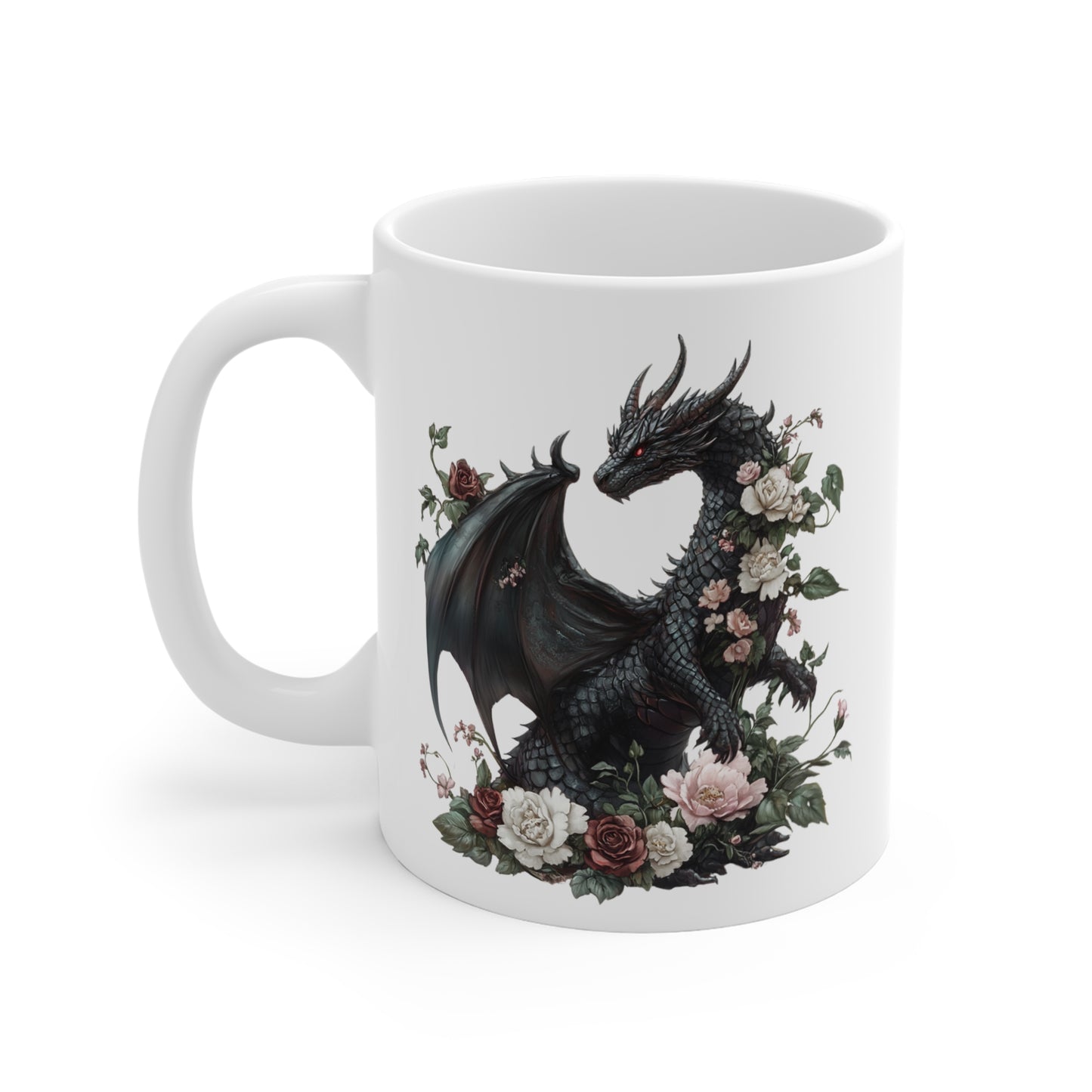 Mug Dragon Noir et Roses – Tasse Fantasy Gothique Élégante – Cadeau Magique Céramique 325ml
