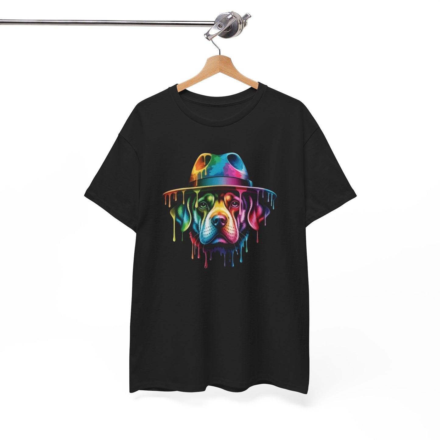 T-Shirt Chien Coloré avec Chapeau – Tee Shirt Art Urbain Peinture Dripping – Cadeau Original Style Streetwear Noir Blanc Gris