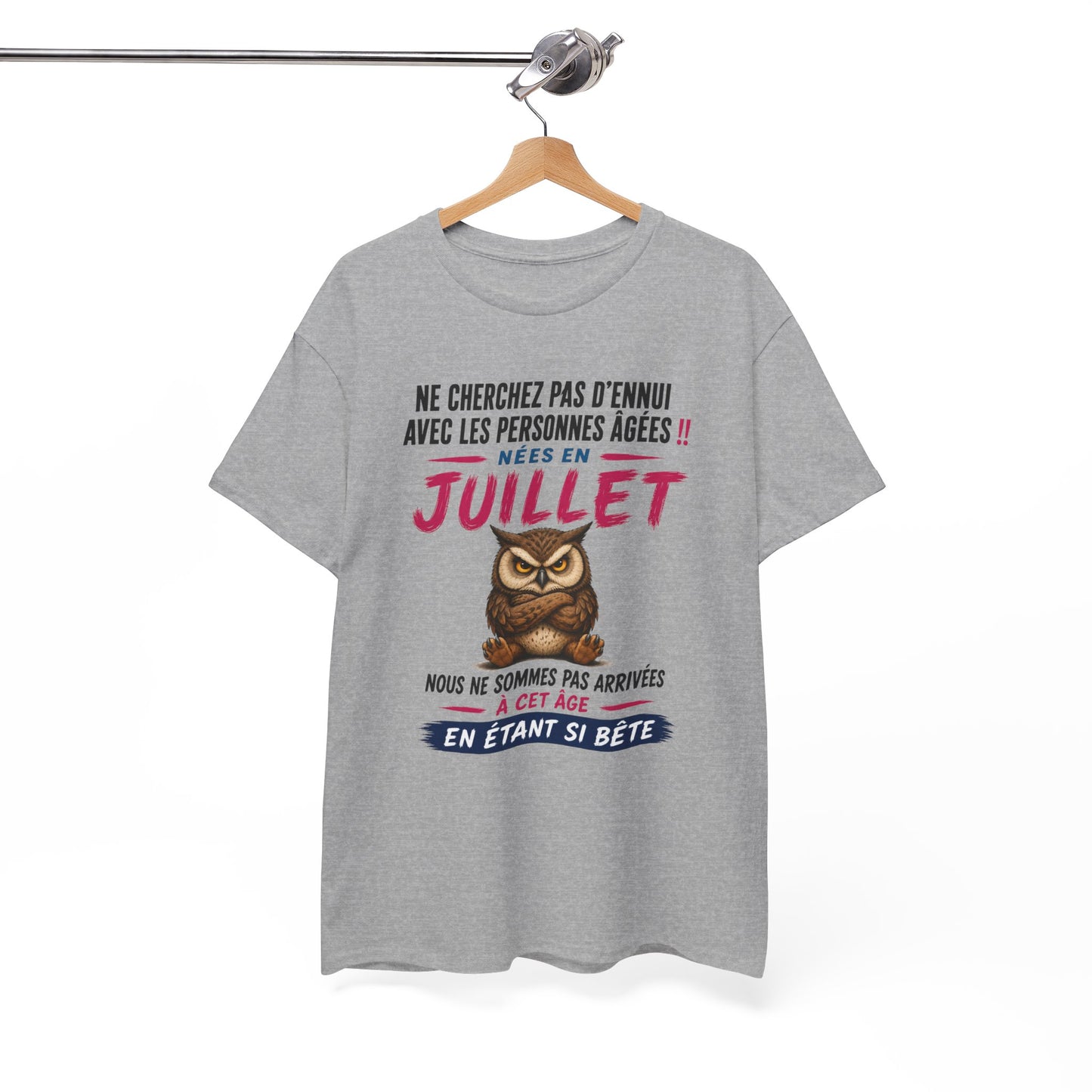 Tee-Shirt Né en Juillet Humour Retraité – Cadeau Anniversaire Senior Homme Femme – Chouette Drôle Personne Âgée