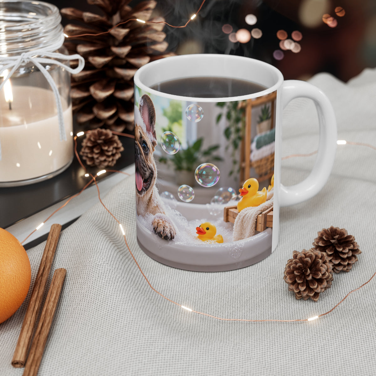 Mug Bouledogue Français dans le Bain – Tasse Chien avec Mousse et Canards – Cadeau Original Amoureux des Chiens