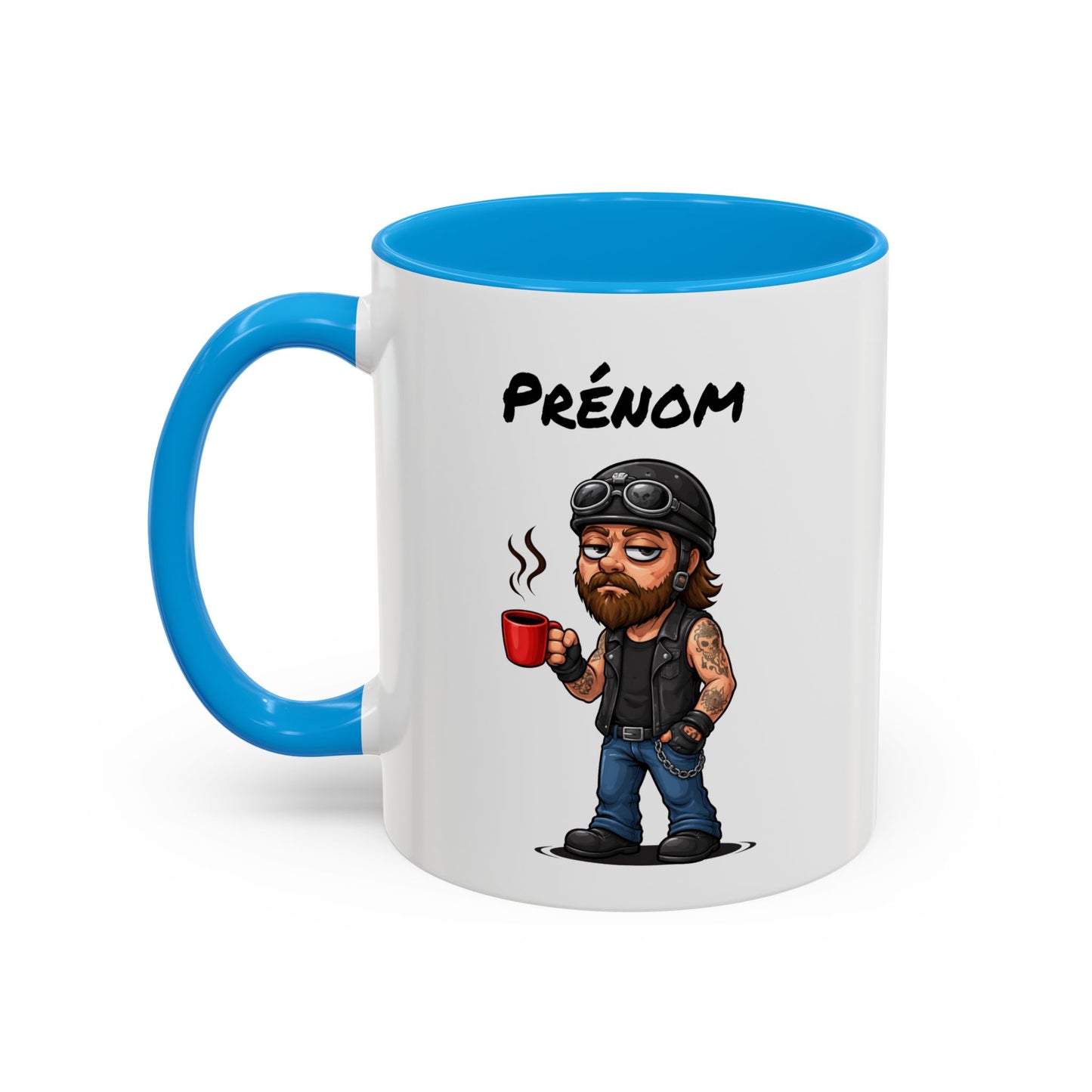 Tasse Motard Fatigué avec Café – Mug Biker Style Rock – Illustration Homme Barbu Casque Moto 325ml