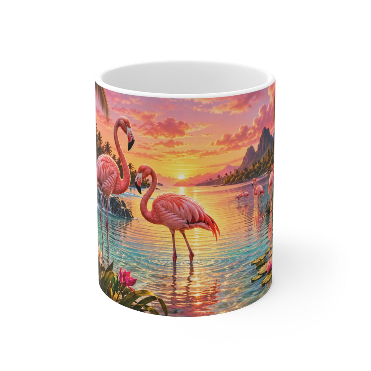 Mug Flamants Roses Tropicaux au Coucher de Soleil – Tasse Paysage Exotique avec Fleurs, Cascade et Lagon – Cadeau Original Amoureux des Animaux