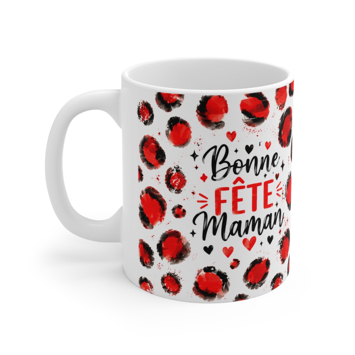 Tasse Bonne Fête Maman – Mug Cœurs Rouges et Noir Style Aquarelle – Cadeau Fête des Mères Femme 325ml