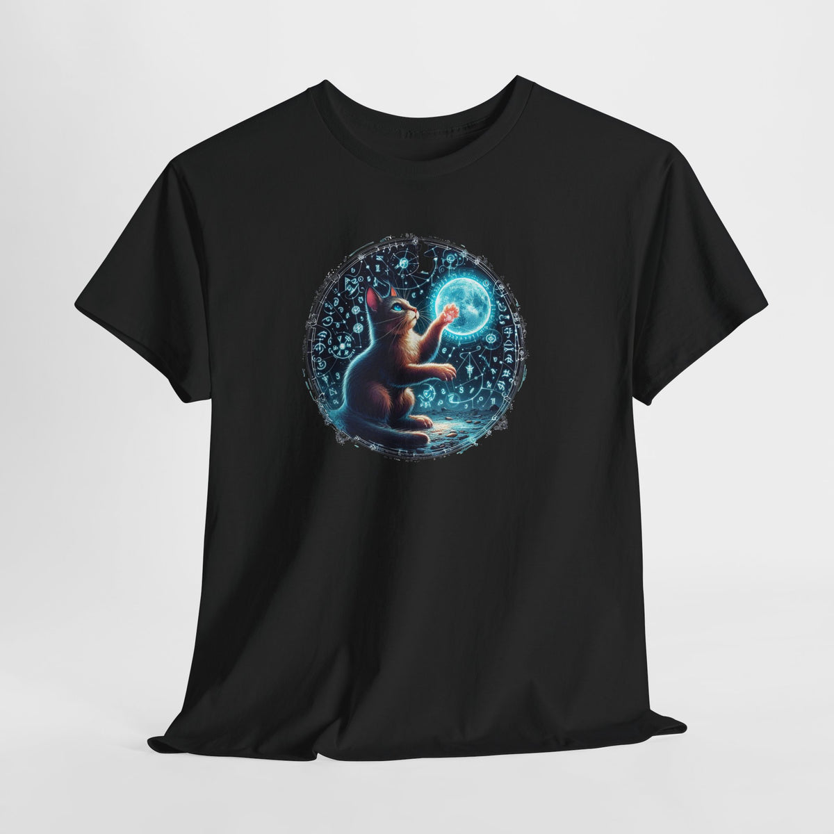 Tee Shirt Chat Mystique Homme Femme – T-Shirt Chat Lune Magique – Univers Astral Ésotérique – Design Fantastique Bleu