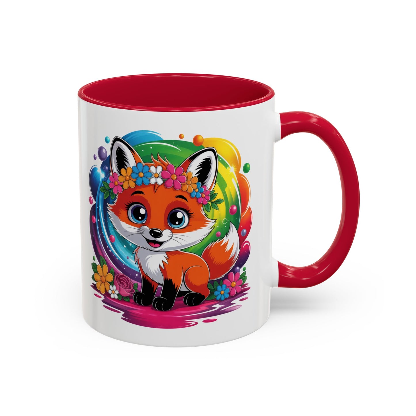 Mug Renard Mignon Multicolore – Tasse Design Kawaii Renard et Fleurs Arc-en-ciel – Cadeau Original 325ml