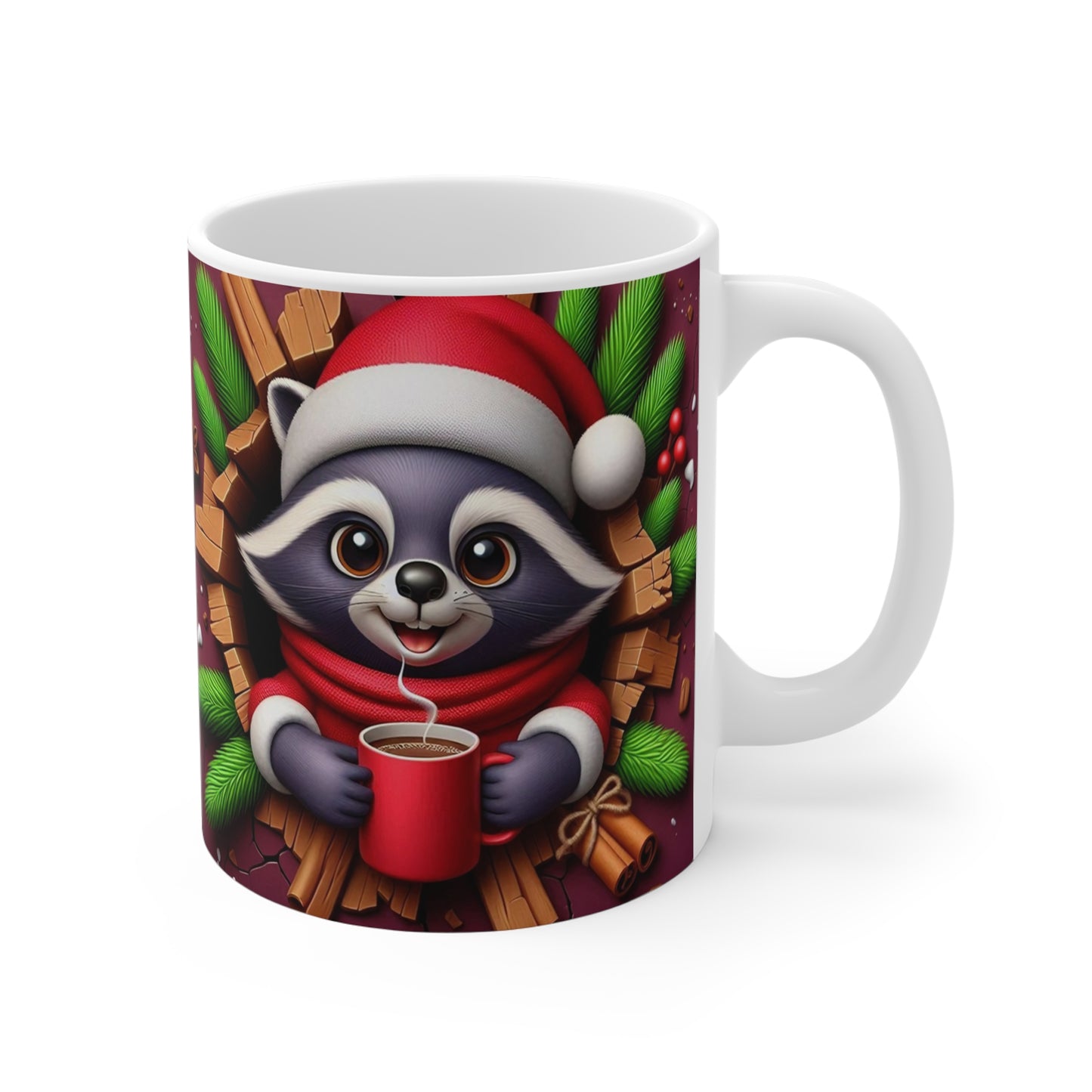 Tasse Raton Laveur Noël – Mug Céramique 325ml – Cadeau Hiver Festif Animaux et Chocolat Chaud