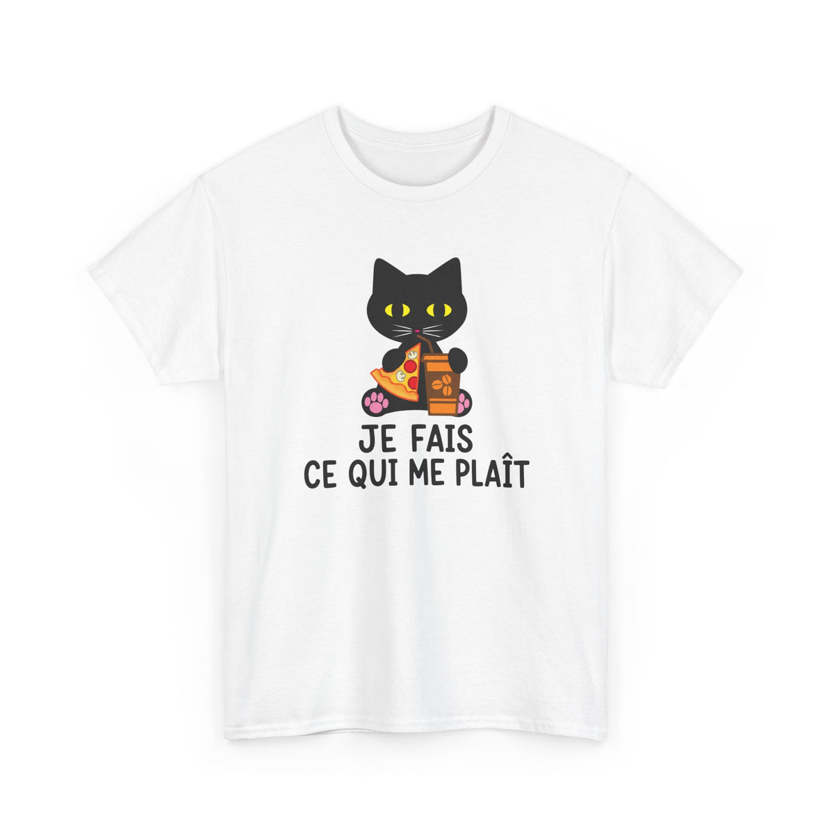 Tee Shirt Chat Homme Femme – Chat Pizza et Café Humour – Idée Cadeau Drôle Amoureux des Chats Gourmand