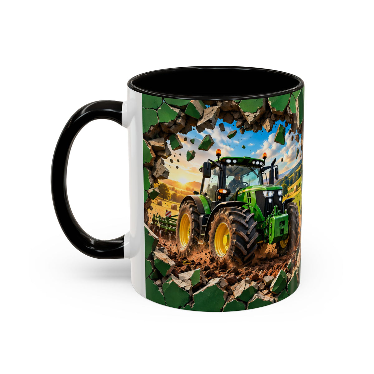 Mug Tracteur Agricole Vert – Tasse Agriculture avec Champ et Effet Mur Brisé – Cadeau Original Agriculteur Passionné de Tracteurs