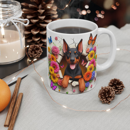 Tasse Céramique Doberman et Fleurs – Mug Chien Mignon Papillons – Cadeau Animaux Bohème 325ml