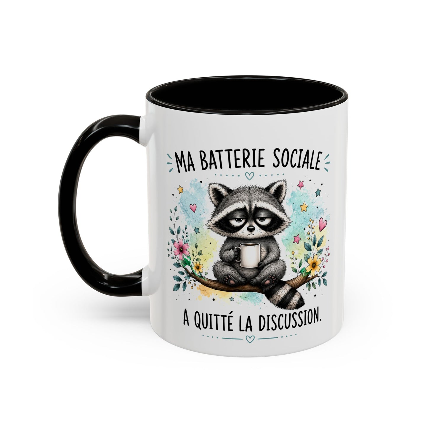 Tasse Raton Laveur Drôle Homme Femme – Mug Ma batterie sociale a quitté la discussion – Cadeau Humour Introverti 325 ml