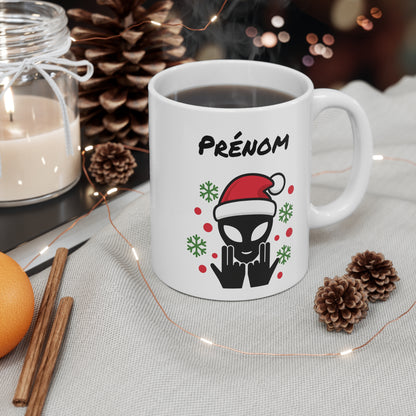 Tasse Personnalisable Alien Noël Jul – Mug Prénom Hiver Geek Fun 325ml – Cadeau Original Café Chocolat