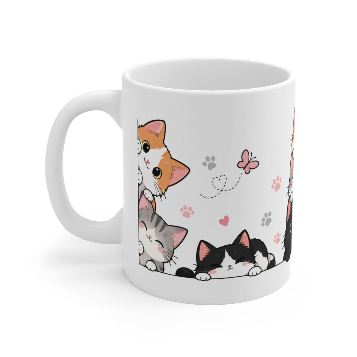 Mug Chats Mignons et Colorés – Tasse avec Petits Chats, Cœurs, Papillons et Pelote de Laine – Cadeau Original Amoureux des Chats