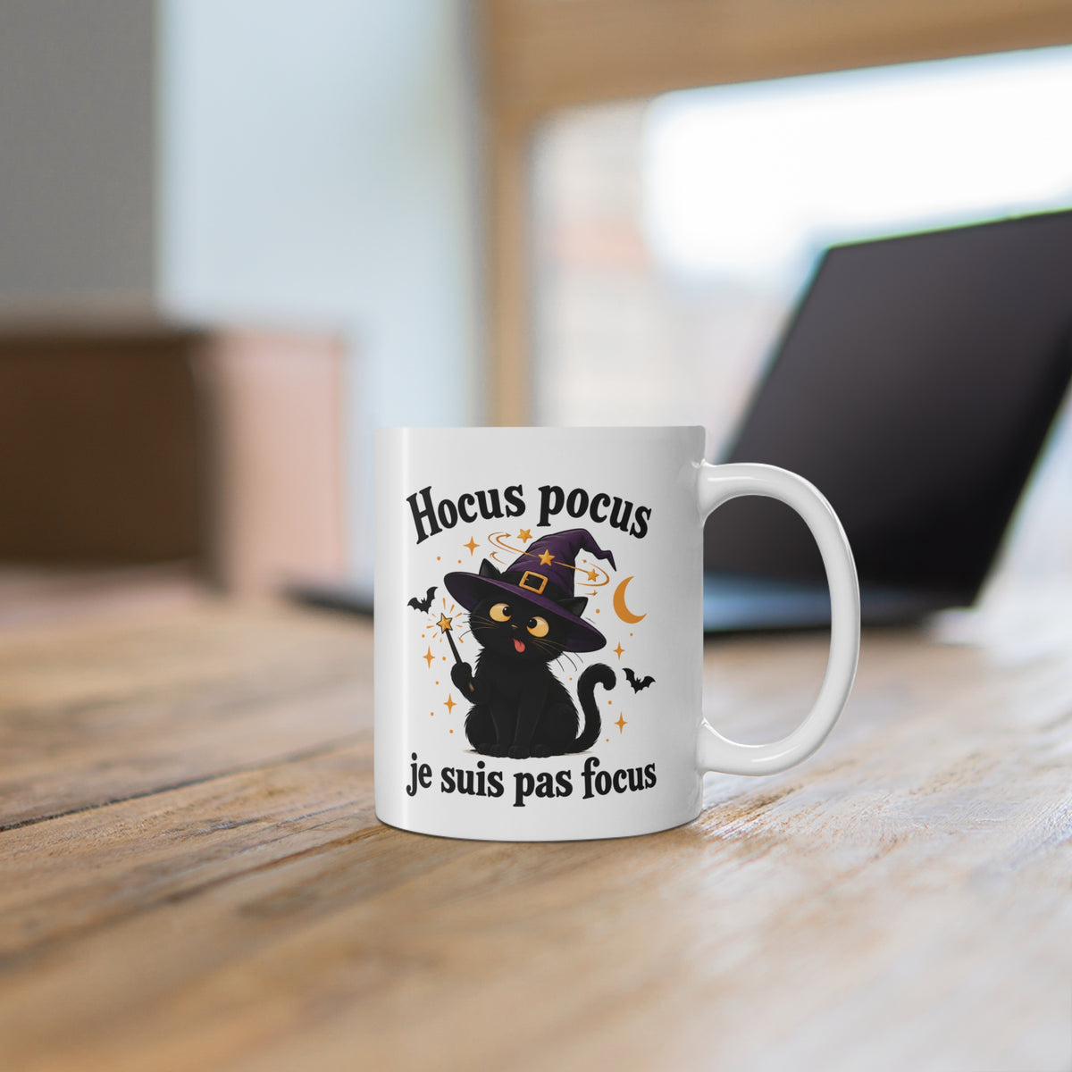 Mug Chat Noir Sorcier – Tasse Humour « Hocus Pocus Je Suis Pas Focus » – Cadeau Original Chat Magie Sorcière Halloween