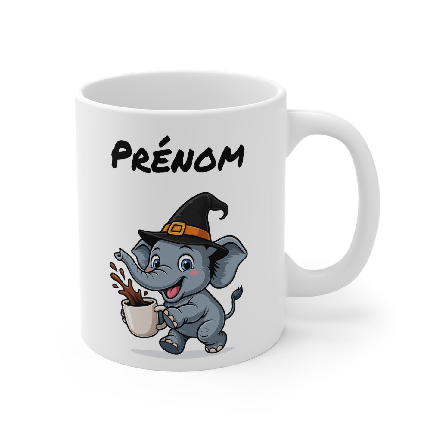 Tasse Personnalisable Éléphant Sorcier Café – Mug Prénom Céramique 325ml – Cadeau Drôle Halloween