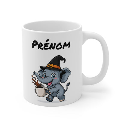 Tasse Personnalisable Éléphant Sorcier Café – Mug Prénom Céramique 325ml – Cadeau Drôle Halloween