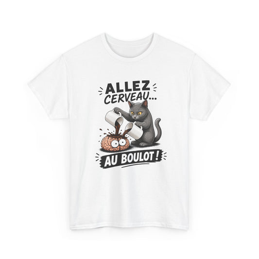 Tee Shirt Humour Homme et Femme – Allez Cerveau au Boulot – T-Shirt Chat Café Fatigue Travail Cadeau Drôle Original