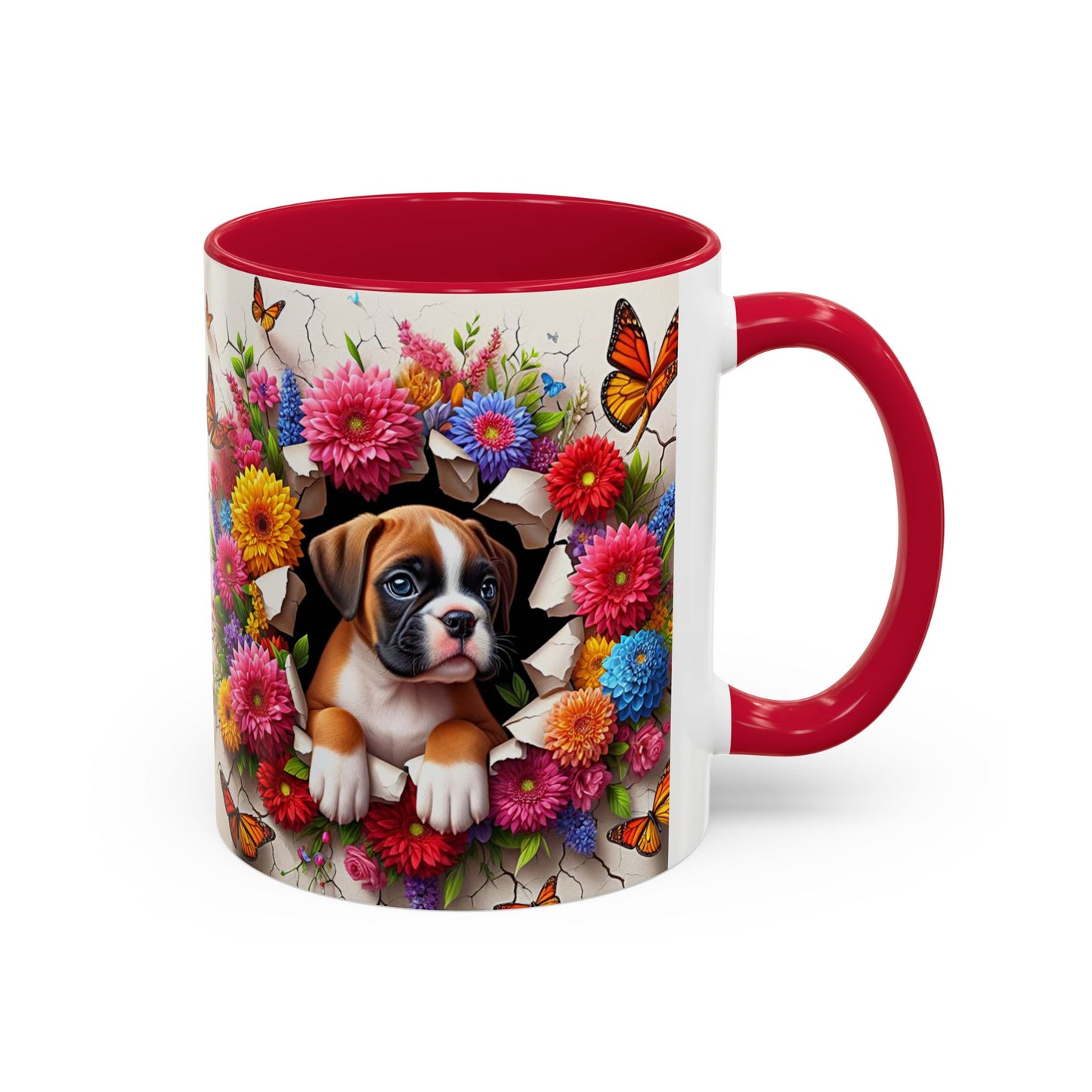 Mug Boxer Kawaii – Tasse Chiot Boxer avec Fleurs Colorées et Papillons – Cadeau Amoureux des Chiens 325ml