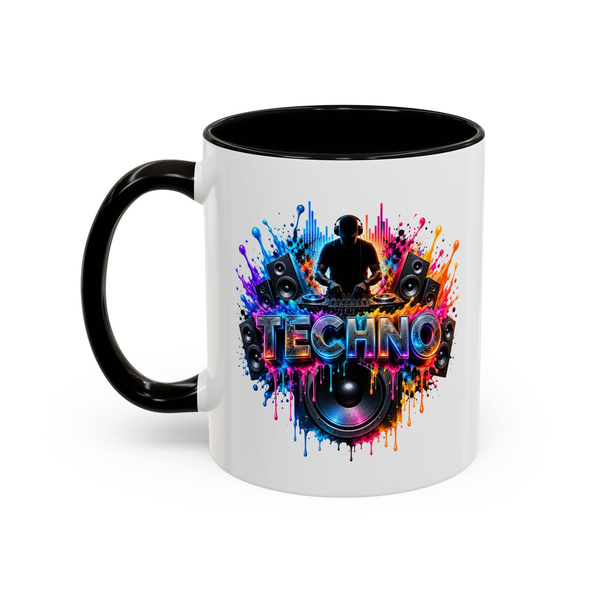 Mug Techno DJ Coloré – Tasse Musique Électronique avec Platines et Enceintes – Cadeau Original Amateur de Techno et de Soirées