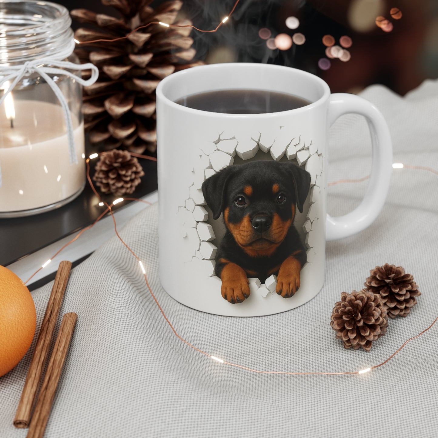 Mug Rottweiler Effet Mur Cassé – Tasse Chien 3D Trompe-l’œil – Cadeau Original Amoureux du Rottweiler