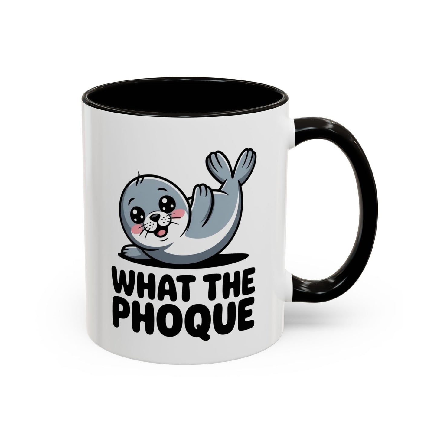 Tasse Phoque Drôle “What the Phoque” – Mug Humour Animal Mignon – Cadeau Original Fun Noir Bleu Rouge 325ml