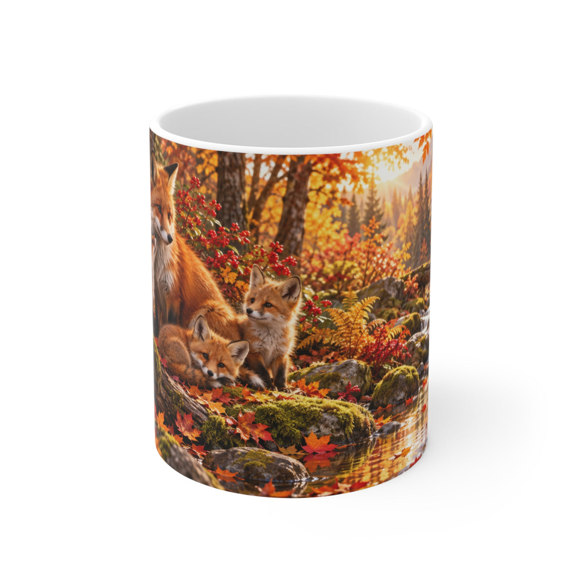 Mug Famille de Renards en Forêt d’Automne – Tasse Animaux Sauvages avec Feuilles, Rivière et Champignons – Cadeau Original Amoureux de la Nature