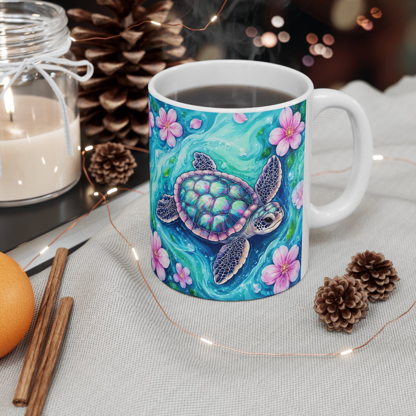 Tasse Tortue Marine – Mug Océan Tropical et Fleurs Roses – Cadeau Femme Homme 325ml