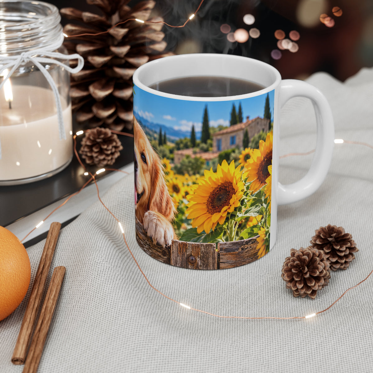 Mug Golden Retriever dans un Champ de Tournesols – Tasse Chien avec Papillon et Paysage de Campagne – Cadeau Original Amoureux des Chiens