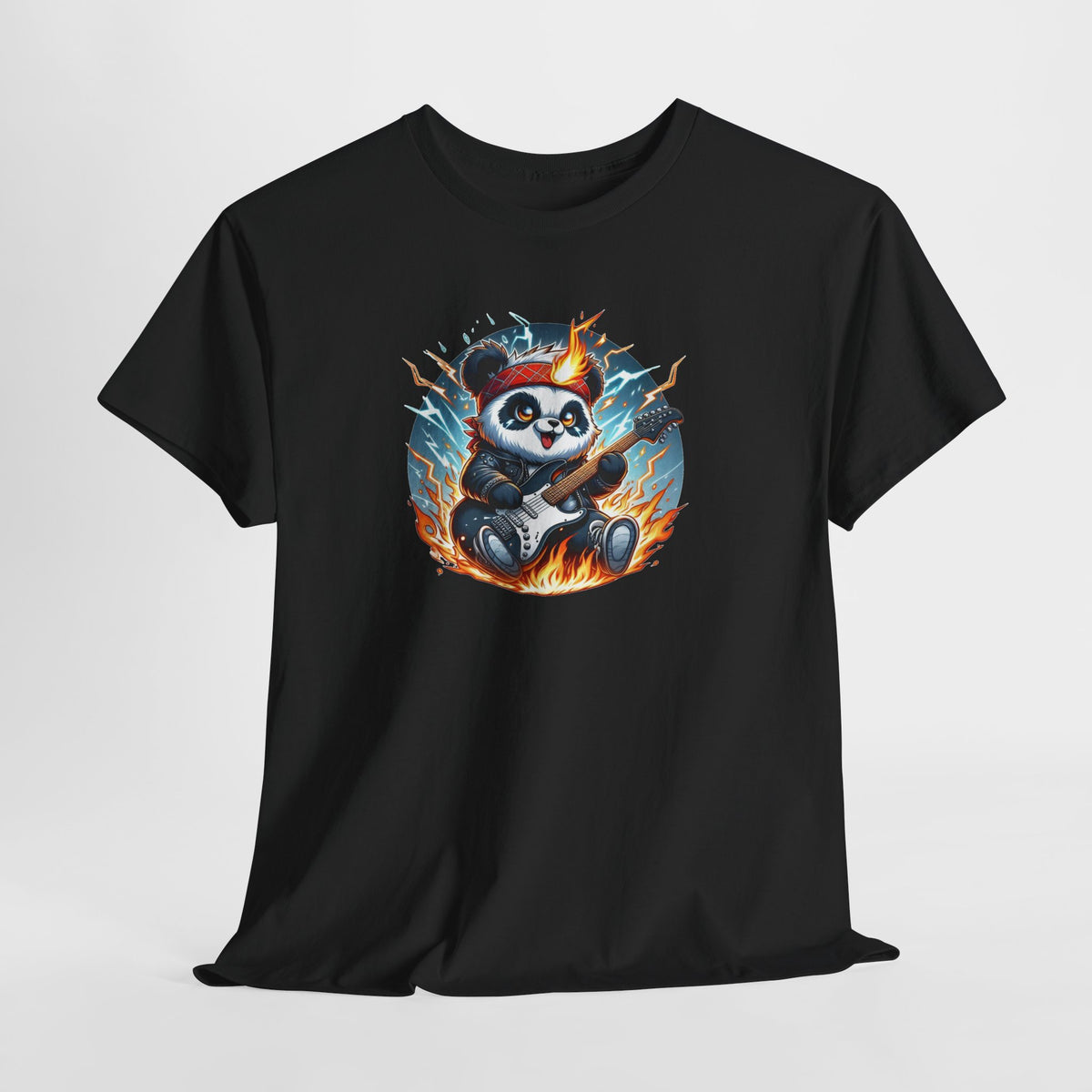 Tee Shirt Panda Guitariste Homme Femme – T-Shirt Panda Rock Guitare Électrique – Design Musique Flammes