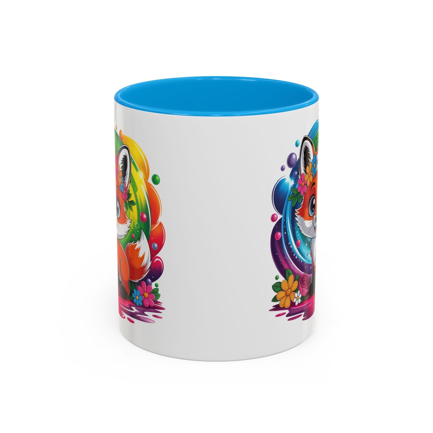 Mug Renard Mignon Multicolore – Tasse Design Kawaii Renard et Fleurs Arc-en-ciel – Cadeau Original 325ml