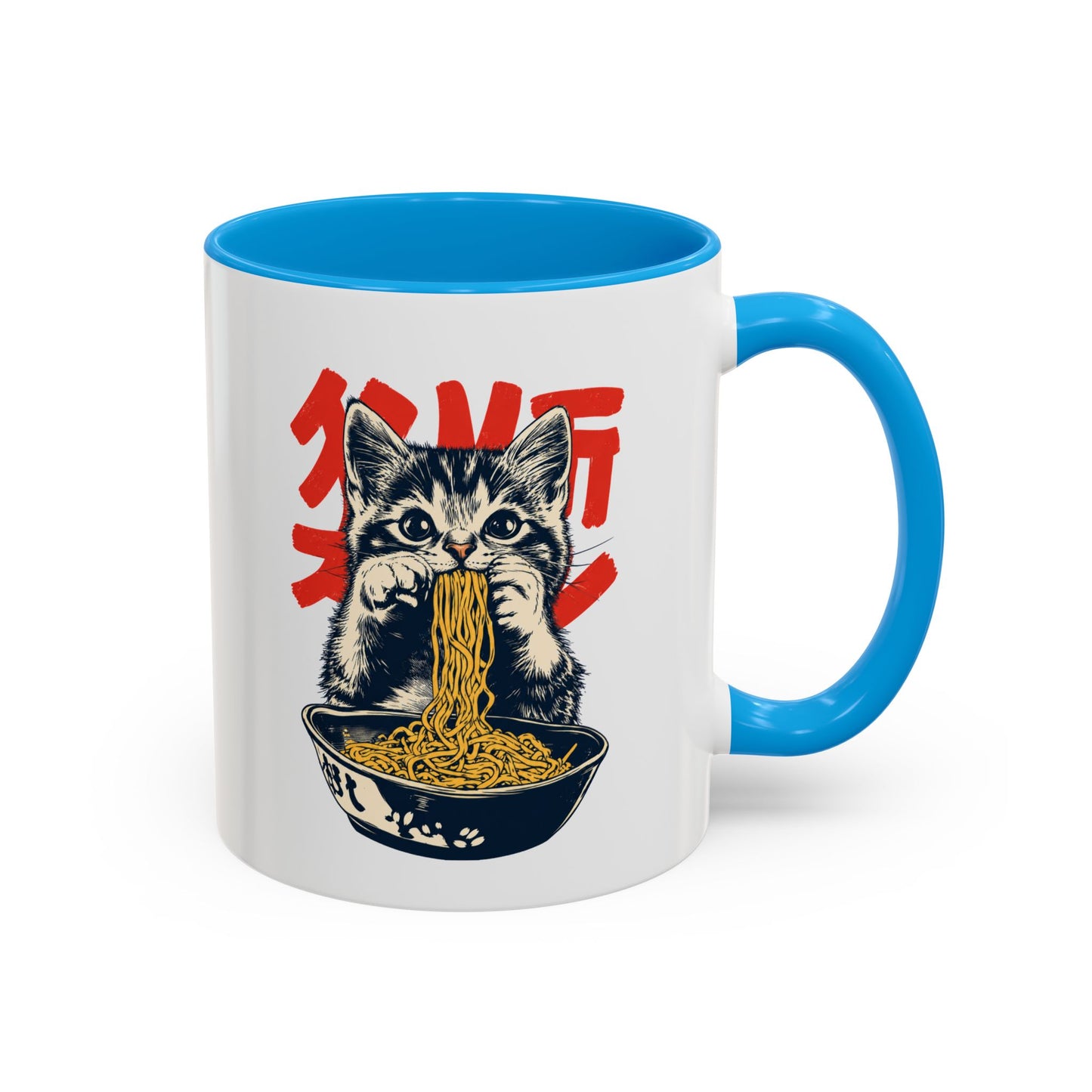 Mug Chat Humour – Tasse Chaton Ramen Nouilles Japonaises – Cadeau Original Amoureux des Chats Homme et Femme Noir Bleu Rouge