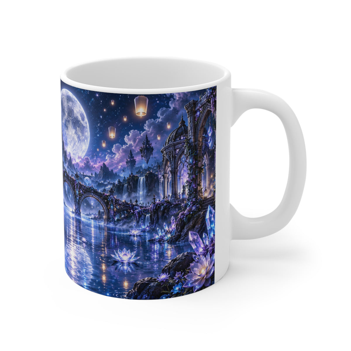 Mug Château Féérique sous la Lune – Tasse Paysage Fantastique avec Cascades, Pont, Cristaux et Fleurs – Cadeau Original Univers Magique