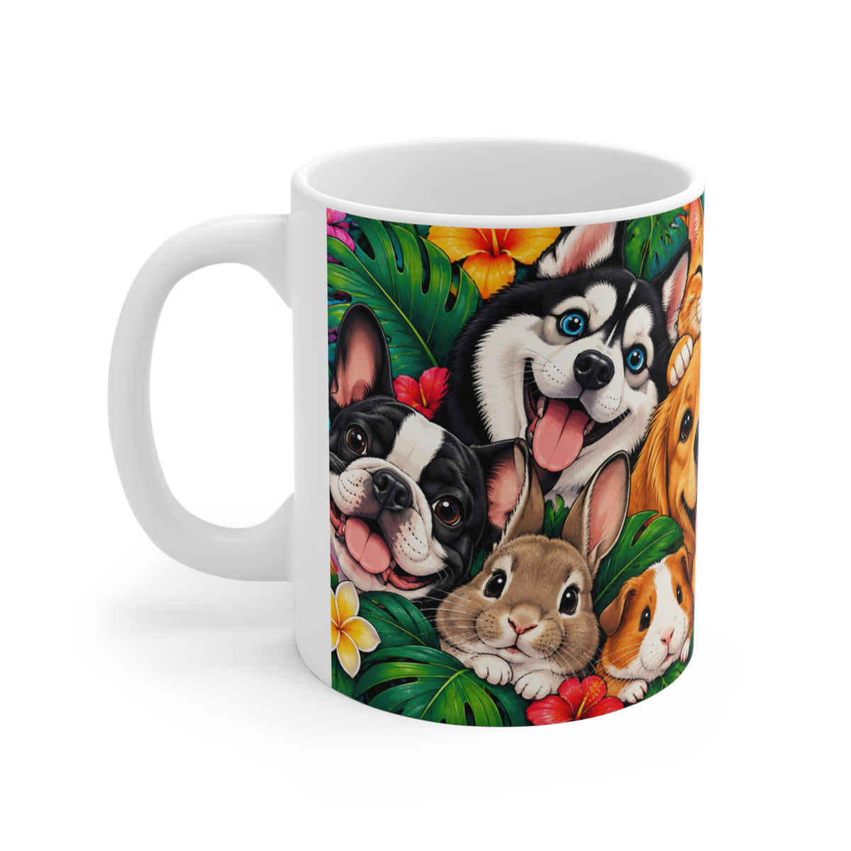 Mug Animaux Mignons dans un Décor Tropical – Tasse Chien, Chats, Lapin, Perroquet, Tortue et Grenouille – Cadeau Original Amoureux des Animaux