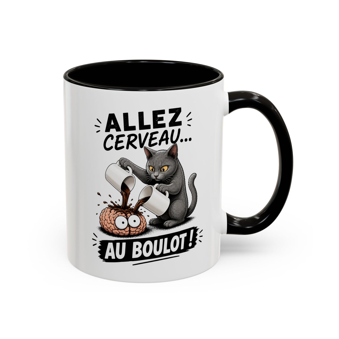 Mug Allez Cerveau Au Boulot – Tasse Humour Chat et Café – Cadeau Drôle Homme et Femme