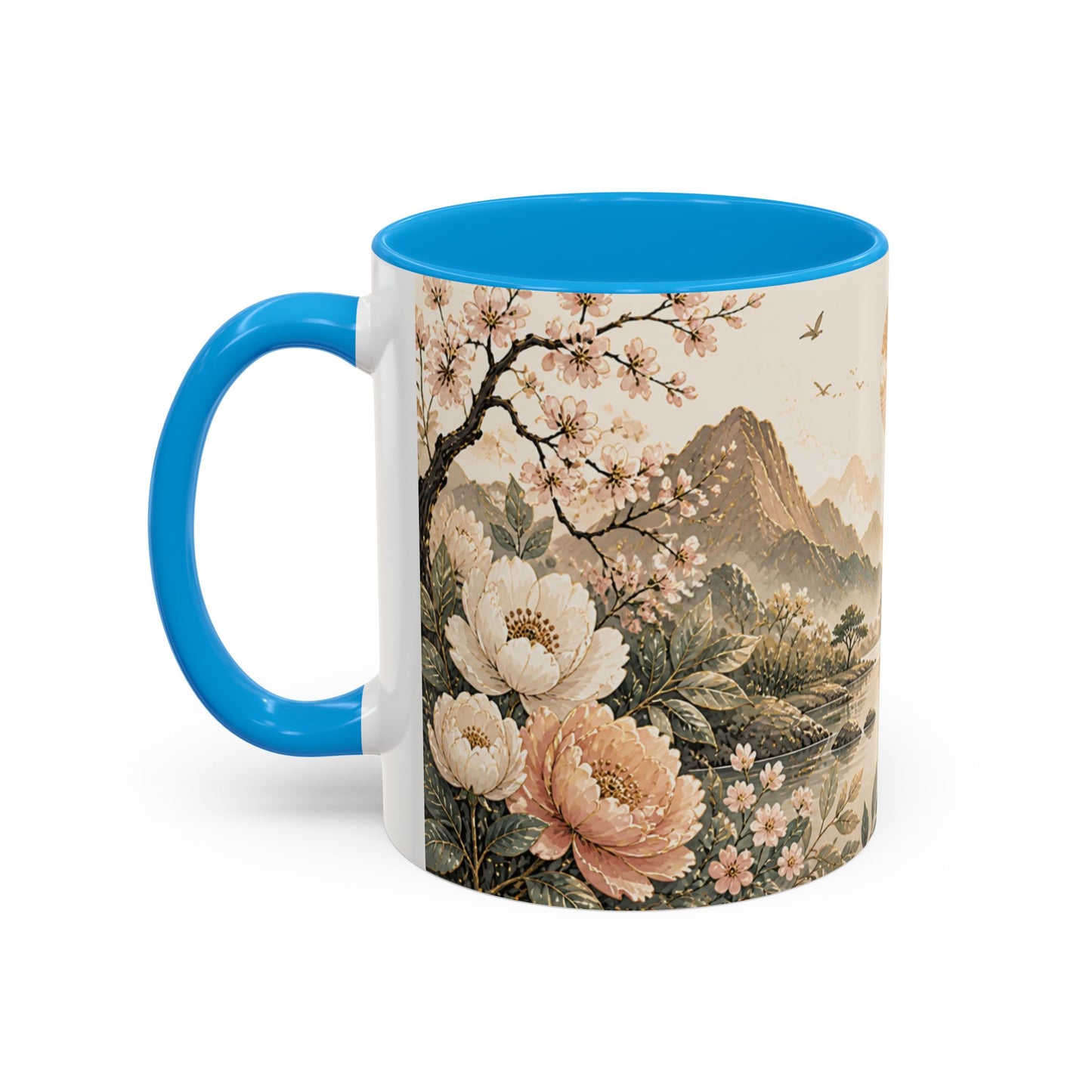 Tasse Paysage Japonais Zen – Mug Floral Beige avec Montagnes, Rivière et Ambiance Asiatique Apaisante 325ml