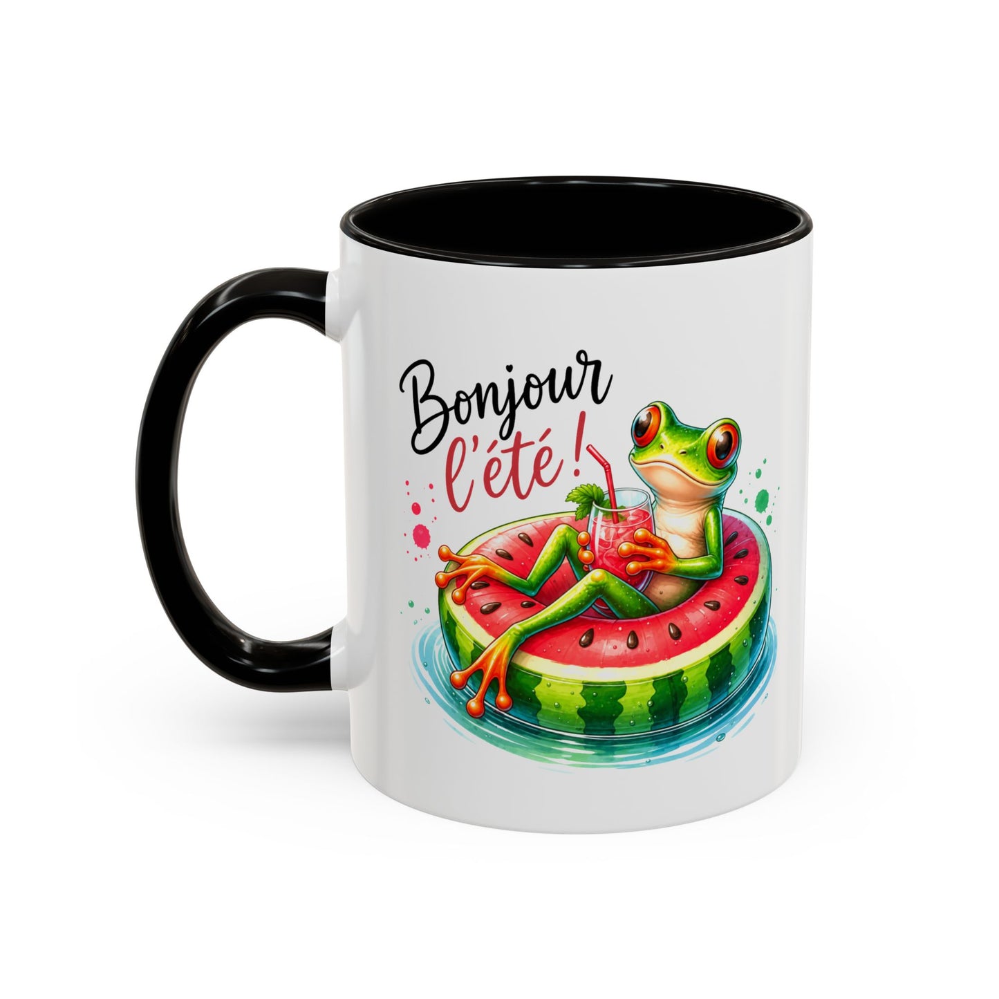 Tasse Bonjour l’Été – Mug Grenouille sur Bouée Pastèque – Cadeau Été Vacances Humour Homme Femme 325ml