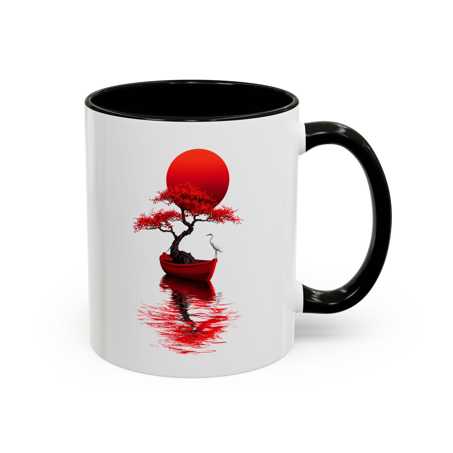 Mug Japonais Paysage Zen – Tasse Arbre Rouge Soleil et Bateau – Décoration Asiatique Nature – Cadeau Homme et Femme Noir Bleu Rouge