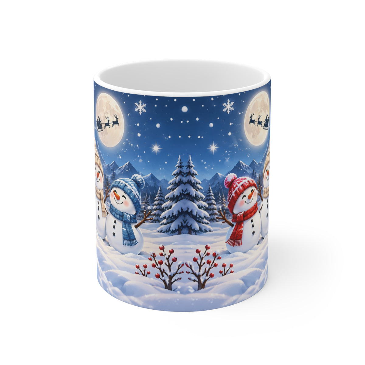 Mug Bonhommes de Neige de Noël – Tasse Hiver avec Sapins Enneigés, Lune et Traîneau du Père Noël – Cadeau Original Homme Femme