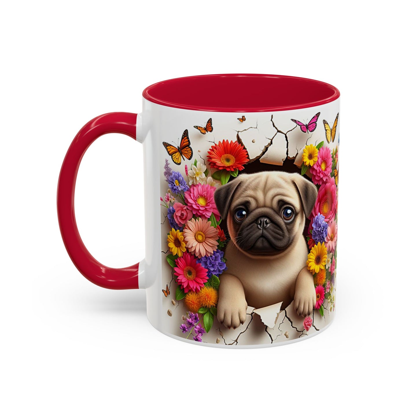Mug Carlin Kawaii – Tasse Chiot Carlin avec Fleurs Colorées et Papillons – Cadeau Amoureux des Chiens 325ml