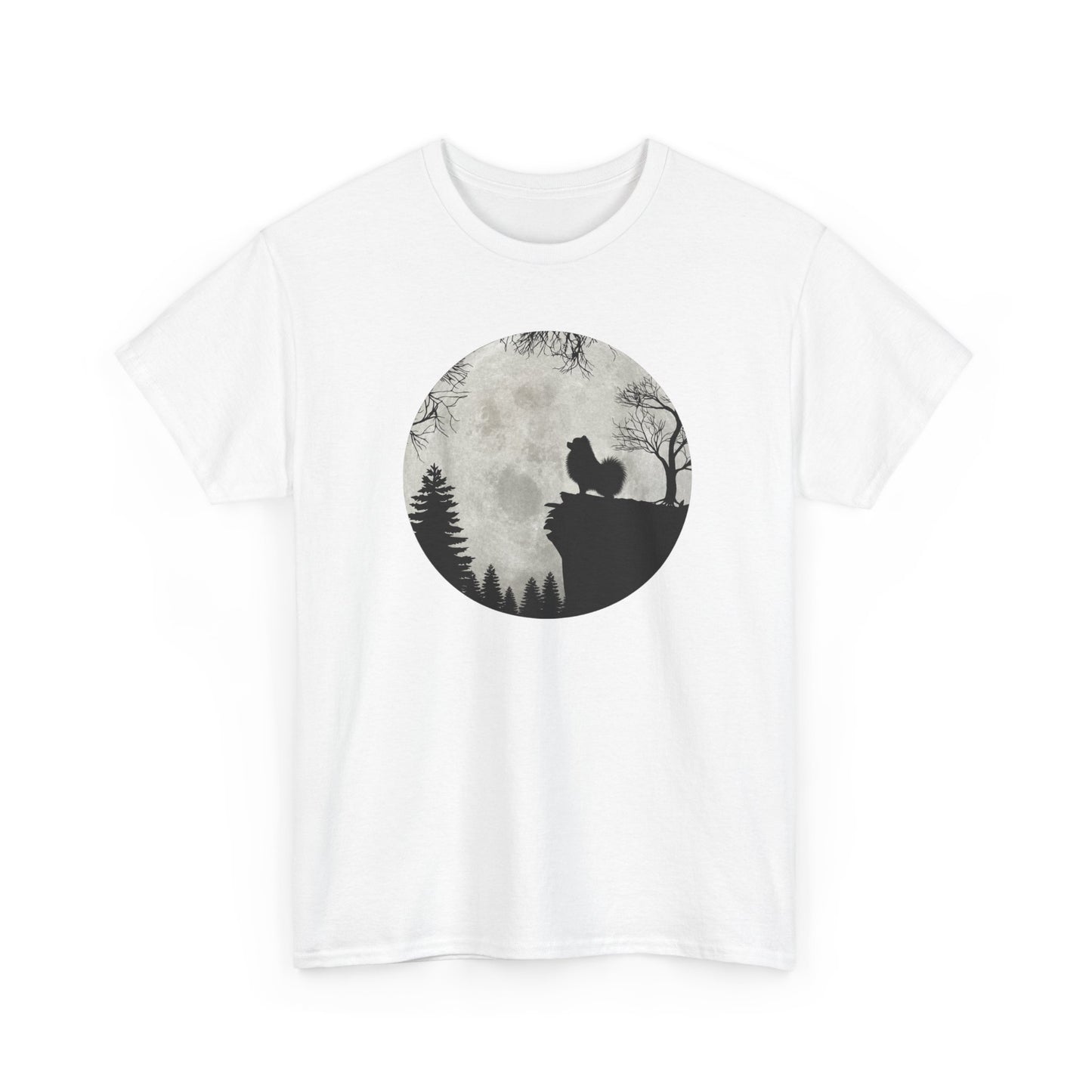 Tee-Shirt Spitz Nain Homme et Femme – Chien Silhouette Pleine Lune Forêt – Cadeau Original Amoureux des Chiens et Nature