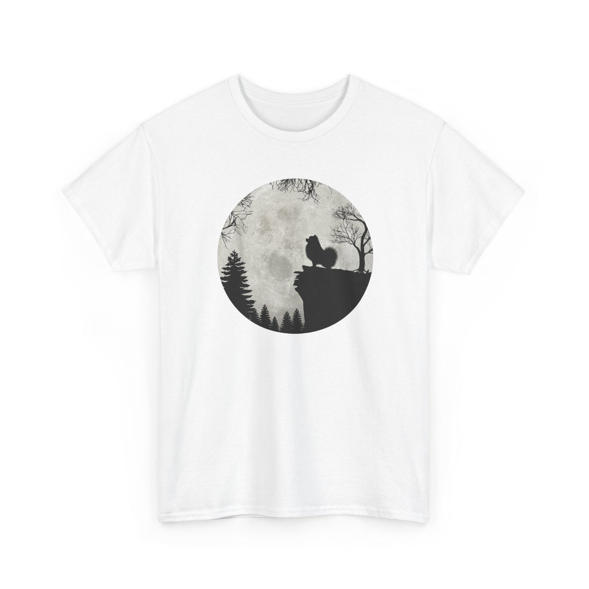 Tee-Shirt Spitz Nain Homme et Femme – Chien Silhouette Pleine Lune Forêt – Cadeau Original Amoureux des Chiens et Nature