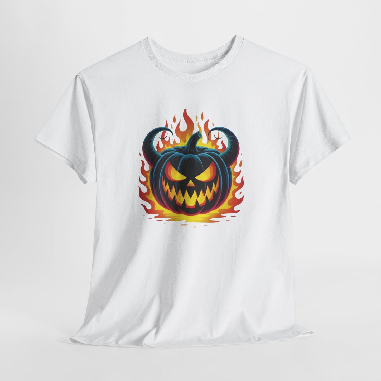 T-Shirt Halloween Citrouille Démoniaque Feu Adulte – Tee Shirt Jack O Lantern Effrayant – Design Horreur Fantaisie Noir Blanc Gris