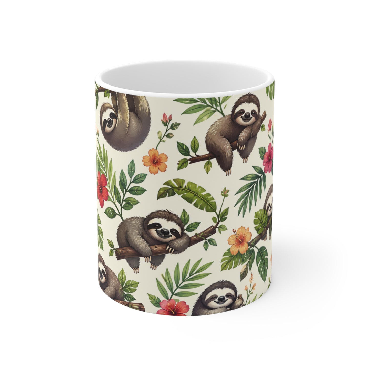 Tasse Paresseux Tropical Mignon – Mug Jungle Kawaii Fleur Hibiscus Feuilles Exotiques – Cadeau Homme Femme Enfant 325ml